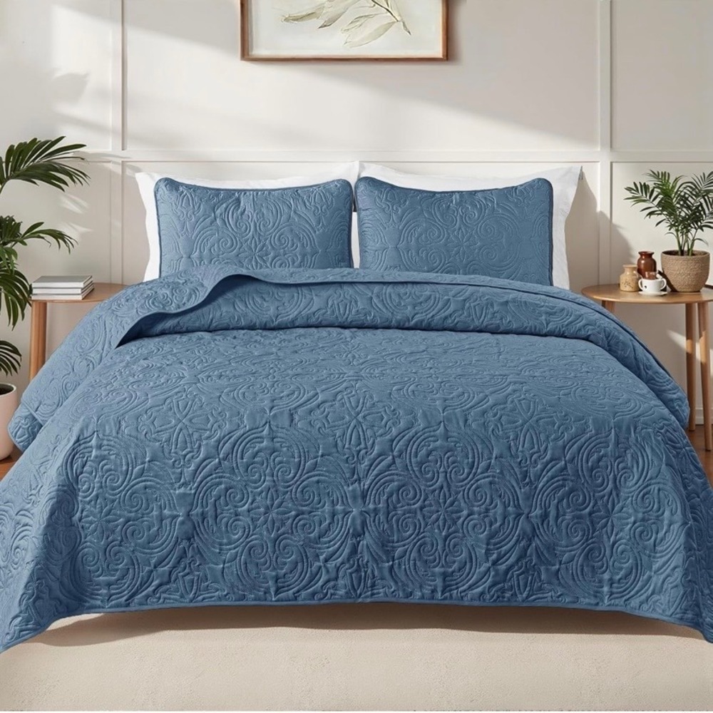 Exclusivo Mezcla Quilt Set Queen Blue Vintage Embossed 3pc Bedspread Coverlet